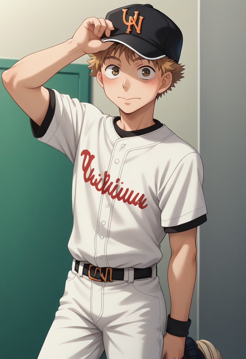 score_9, score_8_up, score_7_up, source_anime, highly detailed, 
mihashi, 1boy, male focus, baseball uniform, hat, solo, sportswear, baseball cap, white pants, looking at viewer, short hair, blush, pants, headwear removed, brown hair,
standing, hat removed, brown eyes, shirt, adjusting headwear,