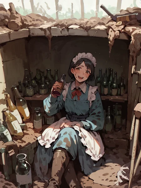 score_9,score_8_up,score_7_up,score_6_up,source_anime,<lora:trenchwarfarepony:1>,trench warfare,1girl,face focus,upper body,boots,open mouth smile,muddy,maid,drinking,(bottles:1.2),wine bottle,sitting,crossed legs,from side,blush,