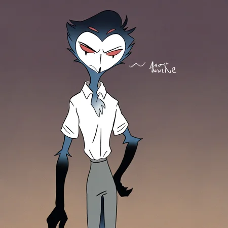 Stolas[Helluva], FuzzyBuns[Helluva],BlueBlood[Helluva], blue body, feathers, bird, anthro, anthro bird, white face, red sclera, black hands, messy hair, large messy hair, dark blue messy hair, 4eyes, two sets of eyes, tail, bird tail, black and blue legs, (male anthro bird:1.3).  Solo, alone, by himself, 1boy, male.  clothing, clothed, dressed, white shirt, shirt, white shirt, mid waisted slacks, grey mid waisted slacks, mid waisted dress pants, grey mid waisted dress pants, black coat, long black coat, 1920s coat, 1920s black coat.  thin, skinny body, skinny, thin body, twink, twink body, skinny body, skinny, (muscle:1.47), (twink body:1.7), (blue body:1.1).  HD, digital painting, digital art, masterpiece.  standing, standing up.  closed mouth, annoyed emotion.  Realistic, Furry, Animalistic features, Anthro, Detailed, Shaded,  simple cream background.  HD, digital painting, digital art, masterpiece ((fullbody portrait)), digital drawing (artwork), digital media (artwork), hi res, (furry art, uploaded on e621:1.1), best quality, highly detailed, intricate details, extremely detailed, perfect hands, negative_hand. Realistic, Anthro, Detailed, Shaded,