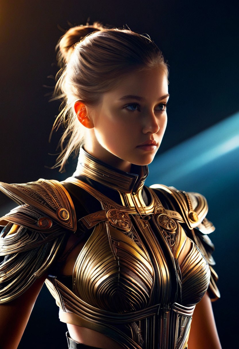 A hyper-realistic depiction of a solitary girl, focusing on her upper body, adorned in an intricate, engine-inspired outfit, with polished metallic accents and leather straps, set against a dark, gradient background, illuminated by soft, golden lighting, with a shallow depth of field, emphasizing the subject's details, in a cinematic composition, reminiscent of sci-fi concept art.