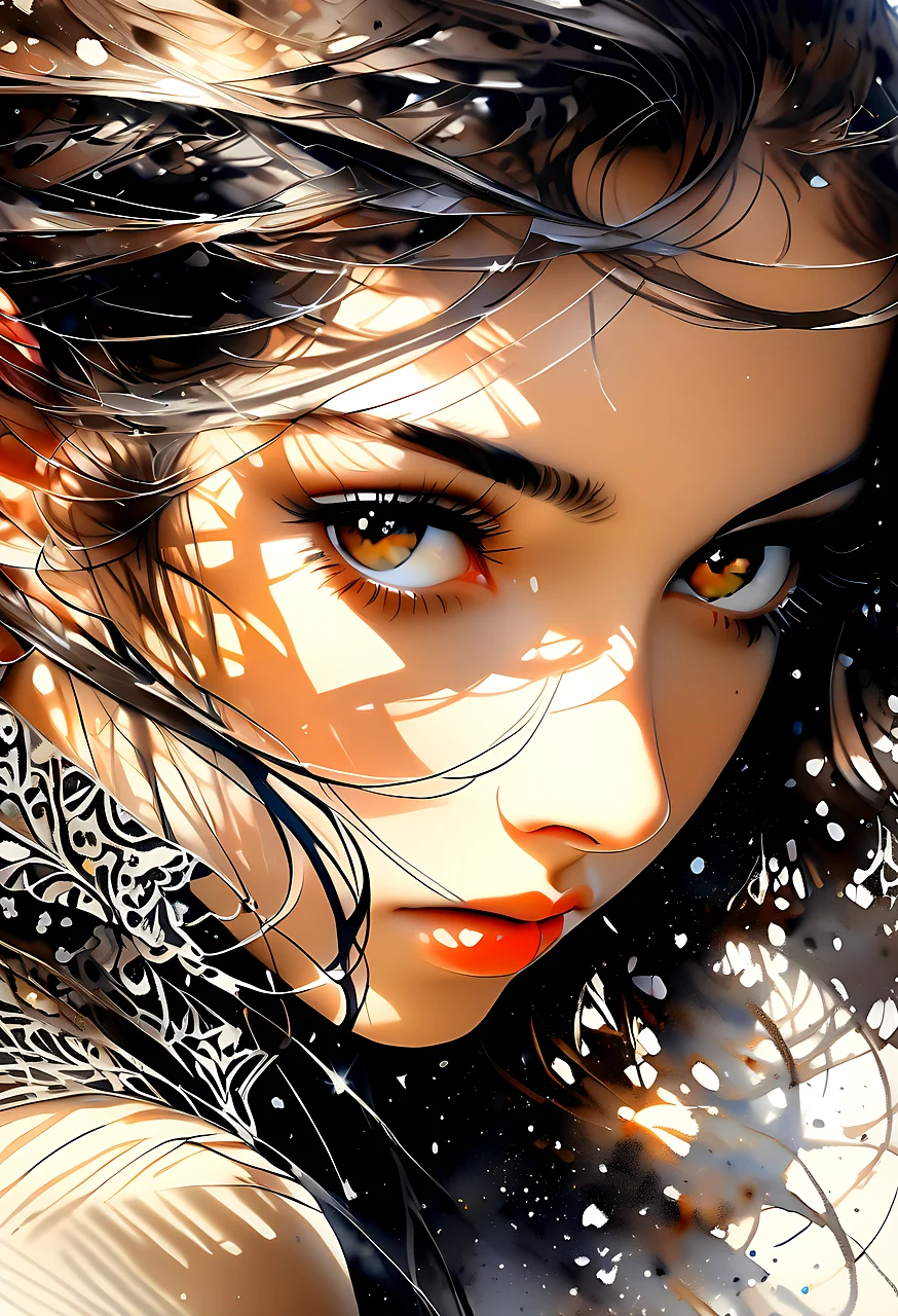 young adult woman, pretty face, long hair, looking at viewer, brown hair, black hair, brown eyes, closed mouth, mole, lips, eyelashes, makeup, portrait, close-up, red lips, watercolor painting, vibrant, beautiful, painterly, detailed, textural, artistic, close up on face, absurdres, masterpiece, 8k, high detail, intricate, best quality