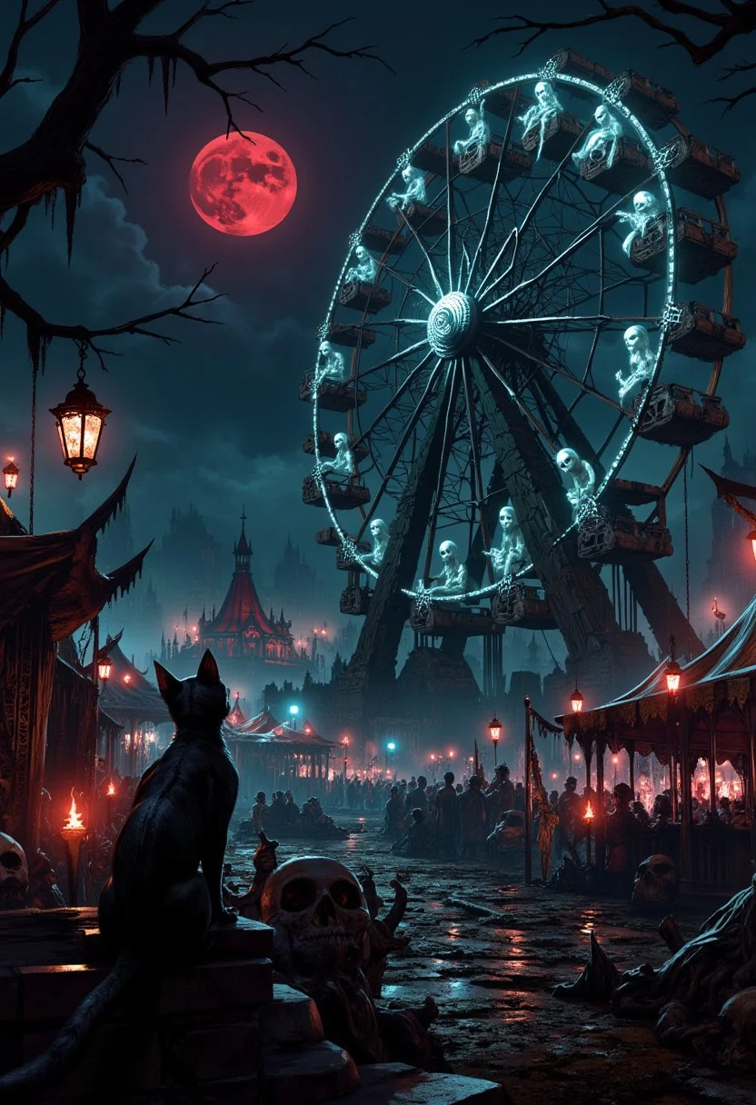 A red moon casts eerie shadows on a haunted carnival while a black cat looks on, on Halloween night.