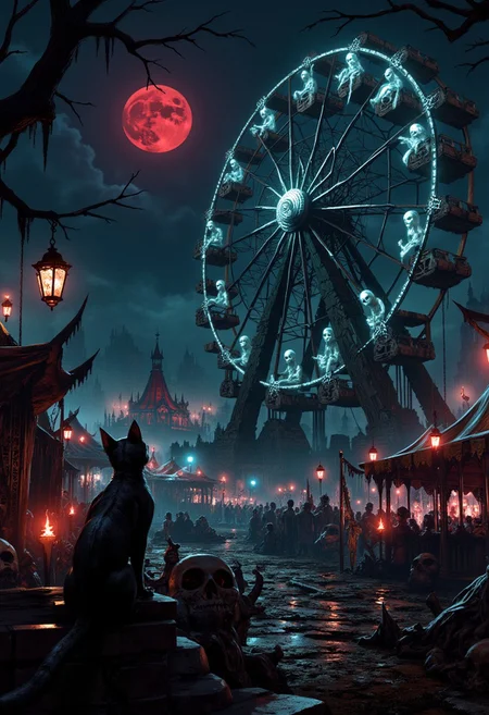 A red moon casts eerie shadows on a haunted carnival while a black cat looks on, on Halloween night.