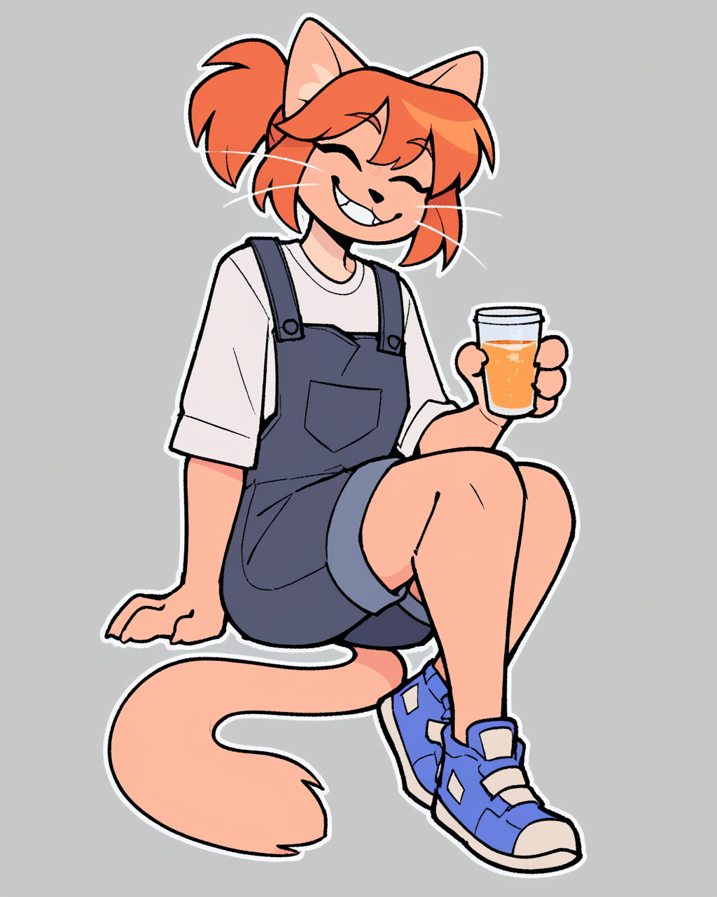 score_9_up, score_8_up, score_7_up, score_6_up, by remanedur, furry female, cat, female, furry, orange hair, eyes closed, overalls, ponytail, whiskers,   small breasts, white shirt, bangs, sneakers,  holding cup,  looking at viewer, grin, smile, happy, head tilt, solo, three-quarter view, simple background, white outline,  <lora:Leah_Pines(AIM)_XL_v1:0.15> <lora:PDXL_artist_tags_v2_big:0.5> <lora:The-Minuscule-Task_PDXL_v1.0:0.6>  <lora:Abbey_Tompkins_jopitr:0.65>