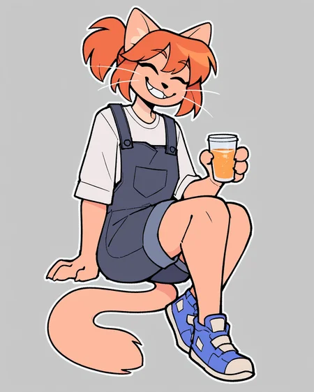 score_9_up, score_8_up, score_7_up, score_6_up, by remanedur, furry female, cat, female, furry, orange hair, eyes closed, overalls, ponytail, whiskers, small breasts, white shirt, bangs, sneakers, holding cup, looking at viewer, grin, smile, happy, head tilt, solo, three-quarter view, simple background, white outline, <lora:Leah_Pines(AIM)_XL_v1:0.15> <lora:PDXL_artist_tags_v2_big:0.5> <lora:The-Minuscule-Task_PDXL_v1.0:0.6> <lora:Abbey_Tompkins_jopitr:0.65>