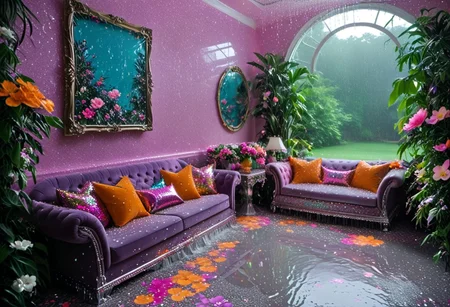 Light mood masterpiece photography, realistic, realistic photograph, large living room, glitter, crystal chandelier, rain inside living room, floor is water, flowers, trees, indoors, pond, wet flowers, glitter flowers, damp, pond inside living room, luxurious living room, room, sequin pillows, Lisa Frank inspired, rainy scene indoors, fancy furniture, Lisa Frank colors, purple walls, vines on walls, Lisa Frank inspired, bedazzled lamps, stained glass windows, disco ball, maximalism, orange couch pillows, flowers on couch, maximalist room, three couches soft rug, neon rug, like room from Howl's Moving Castle, beaded curtains, crystal room decor, lots of clothes, 2000s, fuzzy beanbag, armchair, silver armchair, books