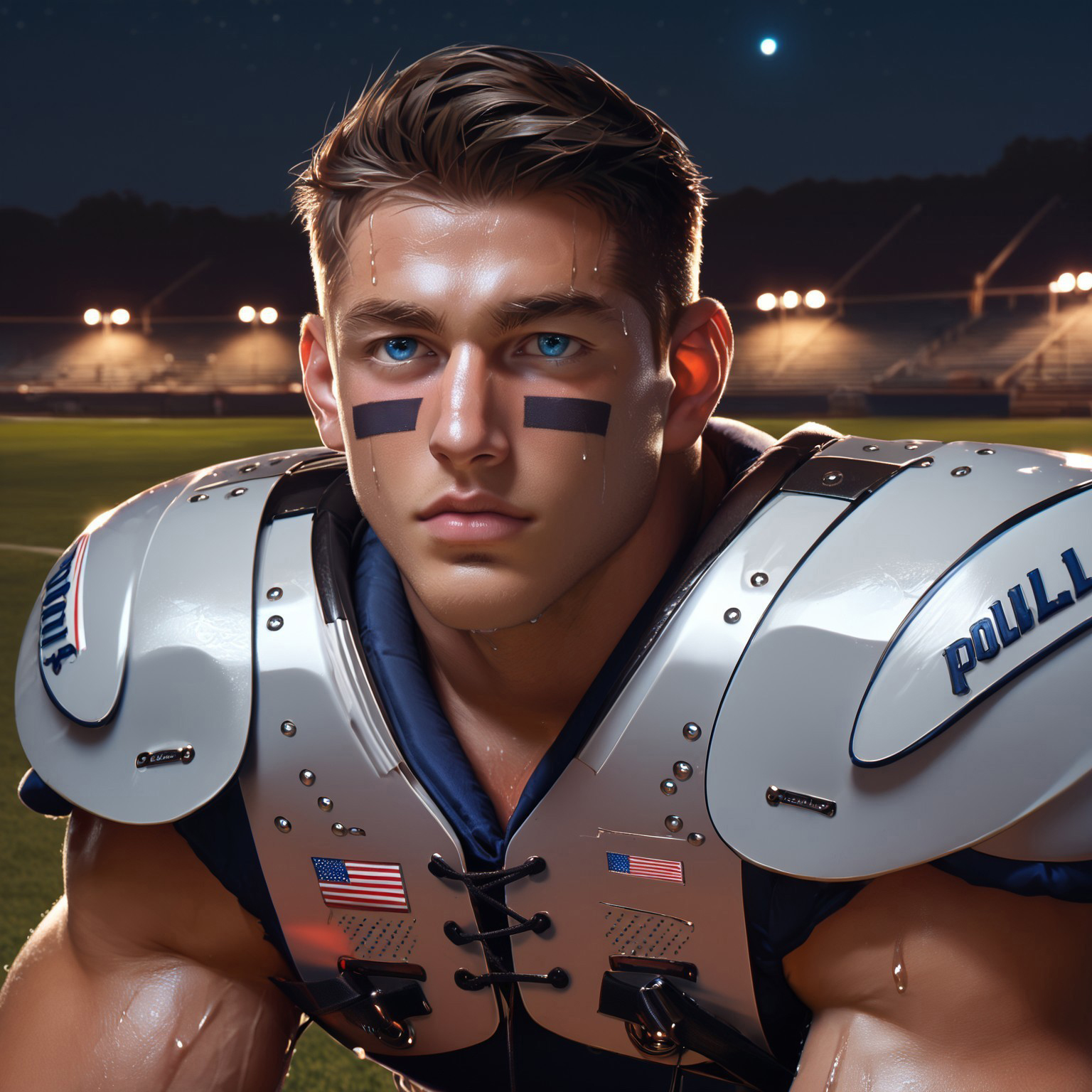safe_pos, FootballShoulderPads, male focus, American football field, American football player, football pants, big biceps, very attractive, eye black, close up, night, bright lights, blue eyes, score_9, score_8_up, score_7_up, highly detailed, [sweaty]