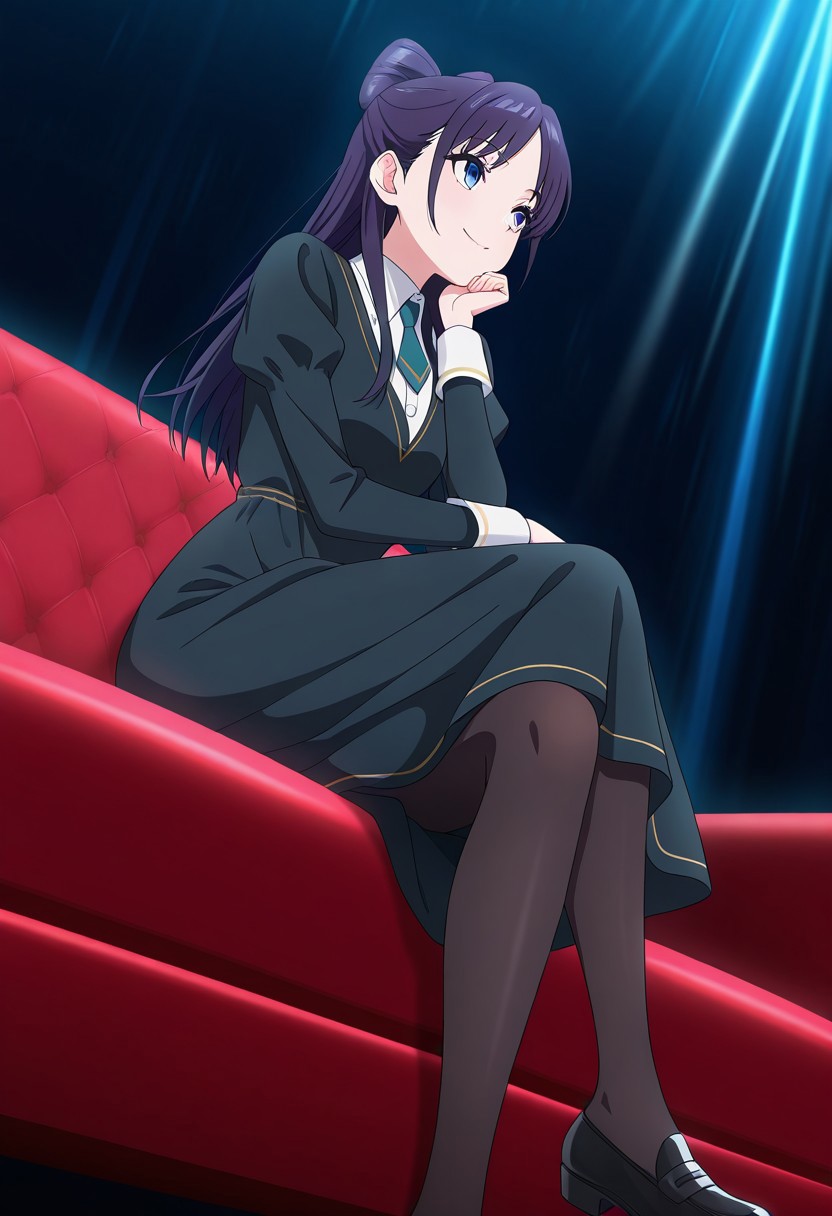 from below, (absurdres, best quality, masterpiece:1.4), amazing quality, highres, newest, detailed, detailed body, detailed face, source anime, anime coloring, beautiful, dark background, petite, on red couch, sitting, light ray, cross legs, hand to own chin, downturned eyes,
BREAK
WWNemu, 1girl, solo, standing, smile, NemuAniHu, dark purple hair, bow-shaped hair, parted bangs, half updo, blue eyes, v-neck dress, white inner collared shirt, Short necktie, juliet sleeves, long skirt, black pantyhose, black shoes,