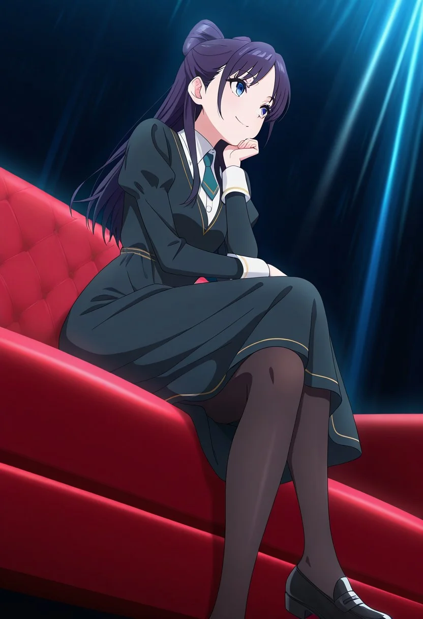 from below, (absurdres, best quality, masterpiece:1.4), amazing quality, highres, newest, detailed, detailed body, detailed face, source anime, anime coloring, beautiful, dark background, petite, on red couch, sitting, light ray, cross legs, hand to own chin, downturned eyes,
BREAK
WWNemu, 1girl, solo, standing, smile, NemuAniHu, dark purple hair, bow-shaped hair, parted bangs, half updo, blue eyes, v-neck dress, white inner collared shirt, Short necktie, juliet sleeves, long skirt, black pantyhose, black shoes,