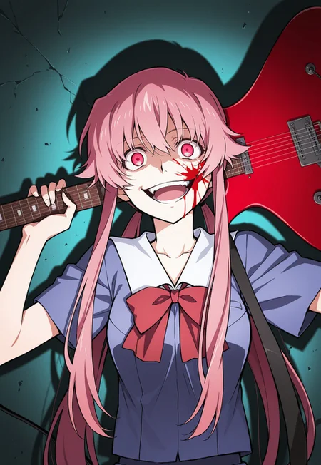 1girl, crazy smile, smashing_guitar, holding instrument, electric guitar, guitar on shoulder, shadow on face, upper body, gasai_yuno, mirai_nikki, gasai yuno, mirai nikki, 1girl, pink eyes, red eyes, pink hair, long hair, twintails, school uniform, blood guitar,
masterpiece, no humans, best quality, high quality, cute, highres,absurdres