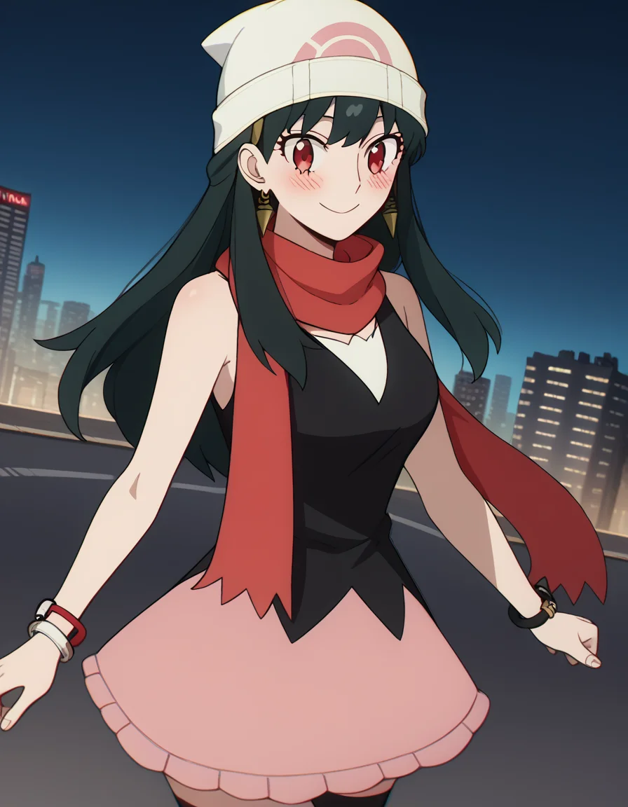 score_9, score_8_up, score_7_up, source_anime, yorbriar, <lora:yor-briar-s1-ponyxl-lora-nochekaiser:1>, yor briar, black hair, red eyes, earrings, white hairband, hairband, long hair, sidelocks, medium breasts,, <lora:dawn-pokemon-cosplay-ponyxl-lora-nochekaiser:1>, dawnpokemoncosplay, dawn \(pokemon\) \(cosplay\), bare shoulders, beanie, black shirt, black socks, bracelet, hat, jewelry, kneehighs, miniskirt, pink skirt, red scarf, scarf, shirt, skirt, sleeveless, sleeveless shirt, white headwear,, cityscape, street, smile, blush,, cowboy shot, dutch angle, solo,
