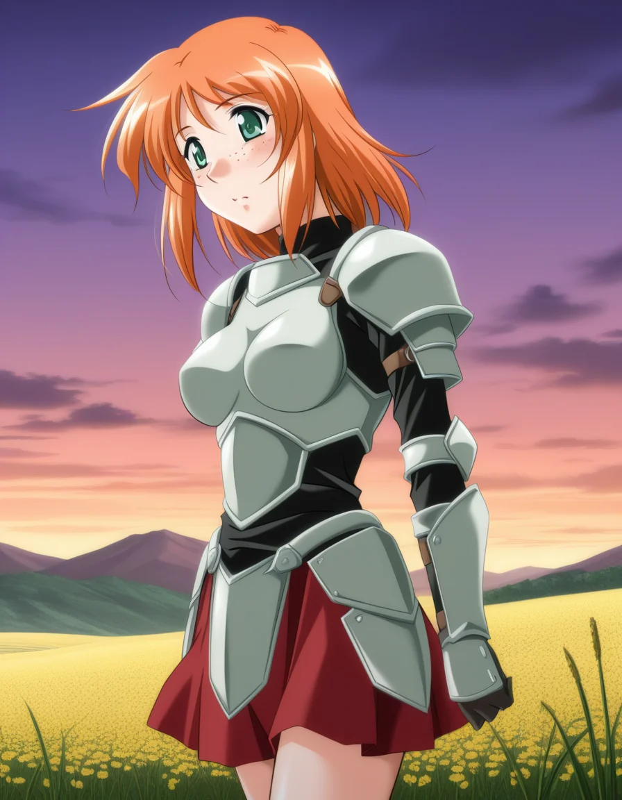 (yamane masahiro), 1girl, armor, skirt, freckles, orange hair, medium hair, green eyes, field, mountains, (masterpiece, best quality, amazing quality), <lora:1_illu_yamane_masahiro_5e:1>