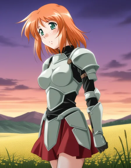 (yamane masahiro), 1girl, armor, skirt, freckles, orange hair, medium hair, green eyes, field, mountains, (masterpiece, best quality, amazing quality), <lora:1_illu_yamane_masahiro_5e:1>