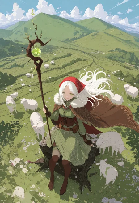 masterpiece, best quality, good quality, very awa, newest, highres, absurdres, 1girl, sitting,white hair,long hair, side-parted bangs,long light green dress, hem patterns, fringed edge, brown leather corset, long cloak, fur trim,red headscarf,belt pouch, green wool fingerless gloves,waist belt,small attachments, brown knee-high leather boots, smiles, joyful expression 
,greenery, scenery,lush mellow, outdoor,hill, animal, holding,staff, pouches,hand up,from above,a lot of sheep around her,cloth headscarf,rolling green hills, blue sky, sunlight, cloud,wind blowing ,
flat color,no lineart, limited palette,