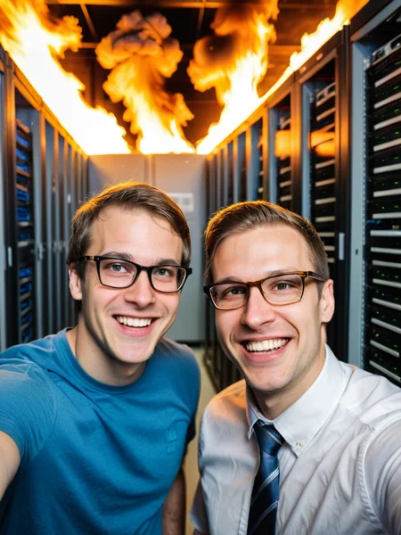 two nerdy smiling IT guys taking a selfie in a huge server room, fire in the background, glasses, photo, extreme detail, high resolution