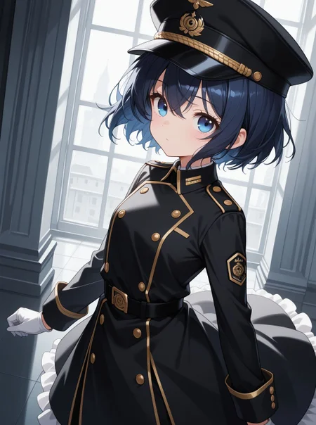 sfw, general,
<lora:Inui_Sajuna_1213939:1>, 1girl, KJOshion, dark blue hair, blue eyes, hair between eyes, short hair, black military uniform, black frilled dress, long sleeves, wrist cuffs, white gloves, black peaked cap,
BREAK
general, dutch angle, from front, dynamic pose, <lora:brightness_slider:-0.5>,
BREAK
masterpiece, best quality, amazing quality, very aesthetic, absurdres, newest,
<lora:Eyes_High_Definition:0.6>, eyesHD, high gradient eyes, detailed eyes, high definition eyes,
<lora:LECO_Particles:1>, <lora:LECO_StickClotch:1.5>,