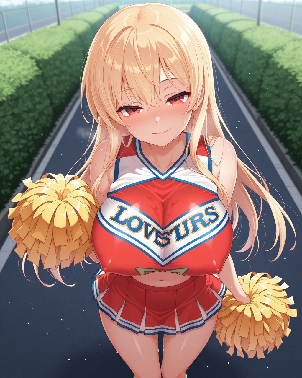 solo, standing, BREAK
1girl,big breasts,lovestruck,seductive smile,in heat,embarrassed,BREAK
blonde hair,long hair,red eyes,cheerleader,BREAK
shiny skin,erect nipples,outdoors, sweat,BREAK
masterpiece,best quality,amazing quality,explicit,<lora:SSMNeo:0.75><lora:総司Ill:0.75>