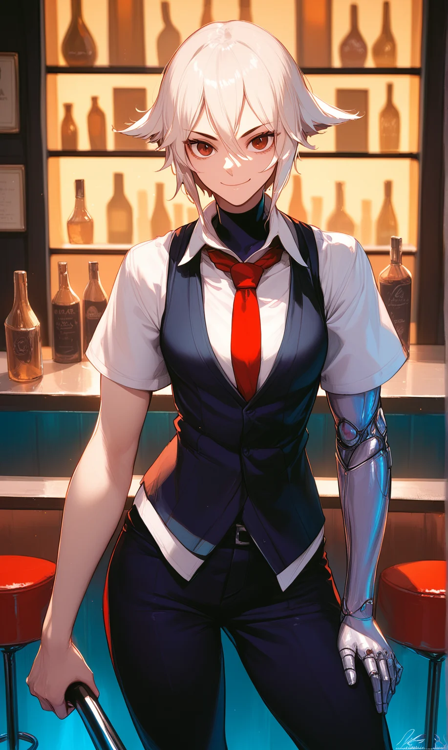 (score_9,score_8_up,score_7_up,score_6_up,score_5_up),1girl, [[muscular, ]], solo, necktie, red necktie, red eyes, shirt, smile, cowboy shot, bar \(place\), bar stool, white shirt, closed mouth, short hair, turtleneck, looking at viewer, collared shirt, short sleeves, vest, dana zane, prosthetic arm, pants, standing, night, <lora:VA-11 Hall-A-xl:1>