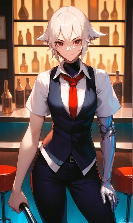 (score_9,score_8_up,score_7_up,score_6_up,score_5_up),1girl, [[muscular, ]], solo, necktie, red necktie, red eyes, shirt, smile, cowboy shot, bar \(place\), bar stool, white shirt, closed mouth, short hair, turtleneck, looking at viewer, collared shirt, short sleeves, vest, dana zane, prosthetic arm, pants, standing, night, <lora:VA-11 Hall-A-xl:1>