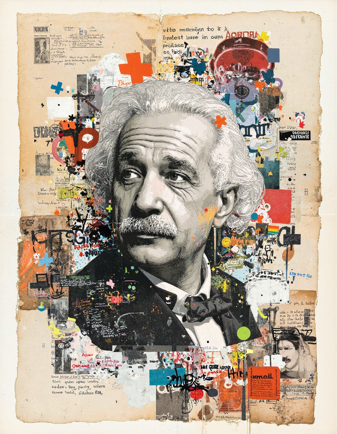 By Raphael Vicenzi, surrealistic artwork, albert einstein, newspaper collage