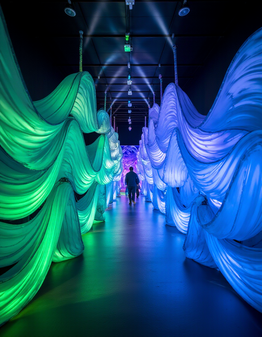 A long, immersive tunnel installation composed of layered, translucent fabric ribbons in shades of green, purple, and blue, inspired by the aurora borealis. Hidden fans create a rippling effect as the ribbons sway gently. Overhead projectors beam flowing light patterns onto the ribbons, creating a dynamic interplay of color and motion. Visitors walk through the tunnel, surrounded by ever-changing, ethereal reflections that transport them into a meditative space.
<lora:ral-kntcscptr-flux:1>