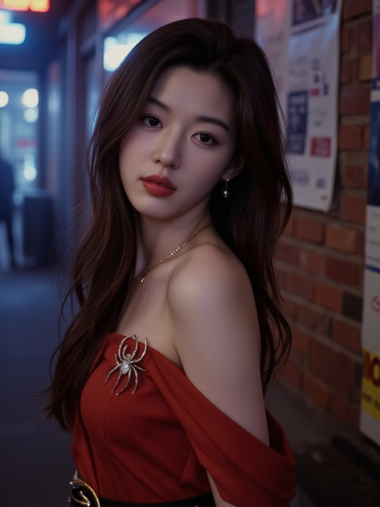 There are wonderful studio lights and various reflections,
18yo beautiful cute girl with blushing and female orgasm.skin naturally showing the texture of blood vessels and detailed pale skin,
--,fog and smoke around,
<lora:Gianna_Jun_f1a:1>,she is Gianna Jun,a beautiful korean actress., In a gritty,noir-inspired urban landscape bathed in the soft glow of neon lights,a woman with long,wavy brown hair cascading down her shoulders and intense brown eyes that seem to pierce through the smoky haze,stands in profile against a brick wall adorned with peeling posters. Her outfit is a striking contrast to the gritty surroundings she wears a vibrant red dress with gold accents,cinched at the waist by a black belt,and accessorized with a diamond brooch shaped like a spider's web on her lapel. Her lips are painted a bold red,and she gazes directly at the viewer with an air of defiance and determination,as if daring them to take another step forward in this shadowy metropolis. The camera angle is low and slightly off-center,capturing her from the waist up,and the mood is tense yet intriguing,inviting the audience to delve deeper into her story.,,