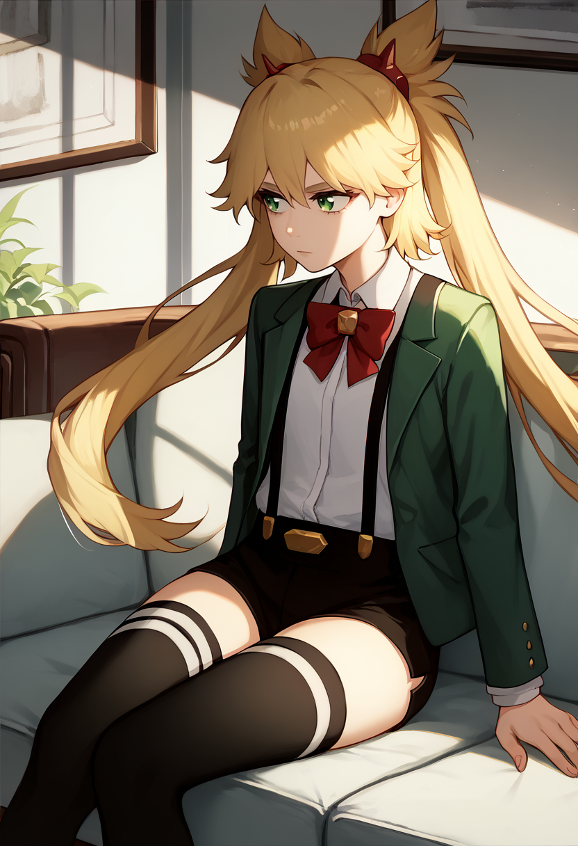 score_9, score_8_up, score_7_up, solo, 1girl, ninny spangcole, expressionless, looking away, sitting, couch, twintails, hair ornament, green jacket, open jacket, long sleeves, white shirt, collared shirt, red bowtie, suspenders, black shorts, short shorts, black thighhighs, indoors <lora:burnthewitch_spangcole_ponyXL:1>