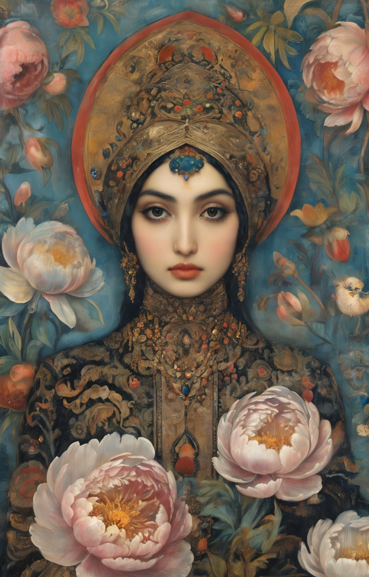 masterpiece,best quality,<lora:tbh292-sdxl:0.9>,illustration,style of Qajar art decaying peonies