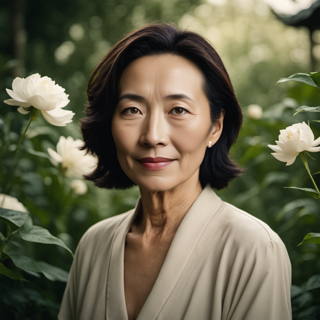 cinematic photo  <lora:BarnumAtelier-SDXLa:1> portrait, fullbody,  chinese happy middleaged 1 woman, detailed skin, skin imperfections,   skin pores, garden . 35mm photograph, film, bokeh, professional, 4k, highly detailed