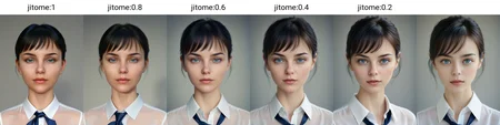 beautiful woman,european girl:0.5,Caucasian:0.3, Caucasian:0.3,solo,child:0.8,japanese girl:0.8,
masterpiece,looking at viewer,high detail,high quality,ID photo style,no makeup,photo,real,realistic,bright,bright lighting,daylight,sun light,beautiful lighting,
wearing clothes,(collared shirt),(white shirt),thin ribbon tie,dark blue ribbon tie, long sleeves,dressed,
<lora:jitome:1>jitome,hosome,eye expression,half closed eyes,squinted eyes,narrowed eyes,narrow gaze,
Standing upright,
((front view)),((from front)),extra close up view,super close up,ultra zoom in,no headroom,tight crop, no empty space,face only shot, detailed face,head shot,detail shot,fill the screen,
Composition that fills the screen,reflection in the eye,closed mouth,single eyelid,no eyelid crease,without eyelid crease,angry eyebrows,small nose,thin nose,
beautiful eyes,blue eyes,pupil,iris,beautiful rips,black hair,short hair,swept bangs,Girlish, cute, attractive,natural makeup,round face,
beautiful skin,shiny skin,shiny eyes,glossy skin,healthy skin,white skin,pale skin,beautiful face,
simple background,stand behind a wall,parallel to the wall,parallel to camera,plain gray wall,