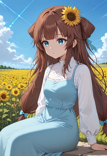 1girl, solo, solo focus, highres, absurdres, RemiSprings, hair flower, sunflower hair ornament, brown hair, long hair, bangs, blue eyes, blue dress, white shirt, hair bow, blue bow, bangs, long dress, long sleeves,

looking afar, sitting, from side, 

day, blue sky, cloud, sunflower field, neon lights, shade, 