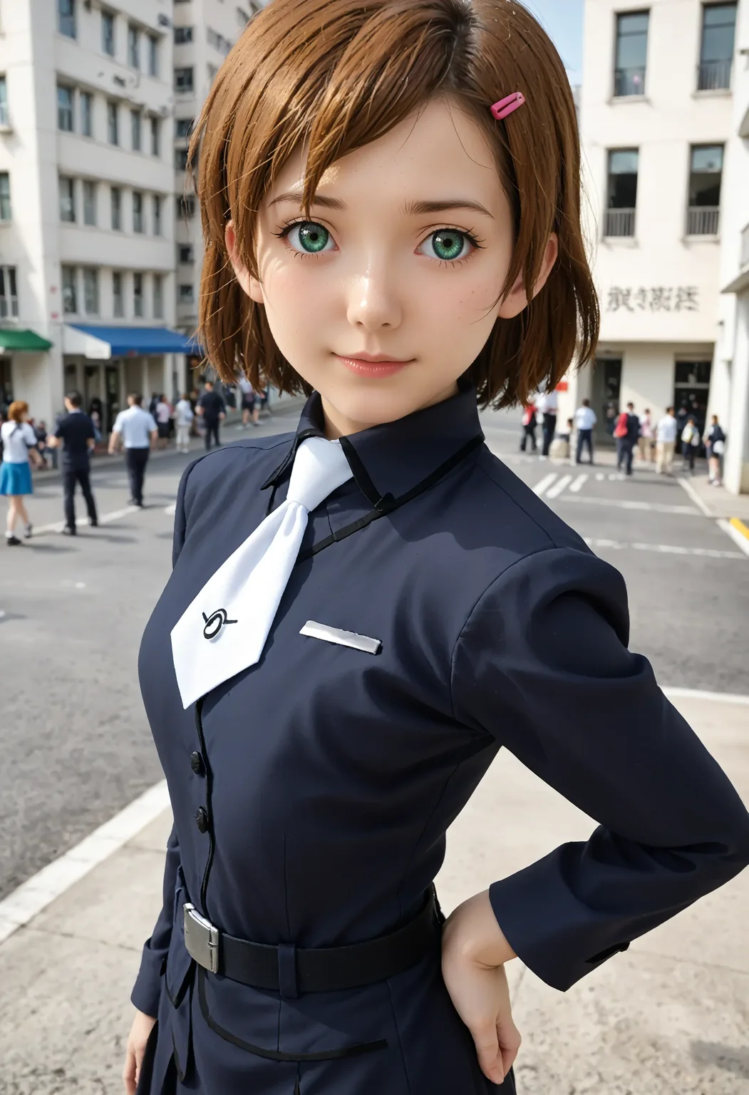 <lora:Hyper-SDXL-8steps-lora:1> <lora:Fixhands_anime_bdsqlsz_V1:1> zPDXL2, score_9, score_8_up, score_7_up, source_anime, intricate details, perfect anatomy BREAK
outdoors, city, tokyo, japan, audience, crowd, looking at viewer, upper body, hand on own hip, perspective ,pointing at viewer, dynamic angle , from side , Flirty, A playful smile, arched eyebrows, and a slightly tilted head., 1girl, solo, solo focus,
<lora:GAGE-romary_stone_XL(pony)v10:1> gage-romary, brown hair, short hair, hair ornament, green eyes, gage-romary outfit, black dress, white ascot, black skirt, white thighhighs, brown shoes,