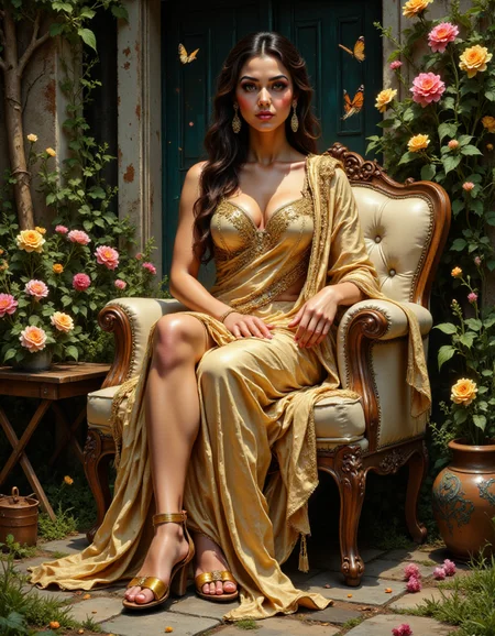 Beautifully detailed and serene realistic full-length portrait.
An beautiful women wearing Beige runway foil chanderi saree with fringed sleeves one-shoulder lace blouse,wearing matching sandals in a garden, Flower Bed, rows of blooming flowers, a small garden path, a wooden bench nearby, butterflies fluttering around, garden tools neatly arranged.
detailed face, detailed eyes, Full body visible, Detailed Dress, Detailed background, Sideways Lounge (Sitting on a couch or chair with legs curled to one side, leaning on the armrest, one arm resting on the back.) .
<lora:fluxenhancer:0.8> fluxenhancer <lora:dreadmirth-style-art:0.8> dreadmirthart <lora:FSF-Real-Babes:0.8> <lora:Vibrantly_Sharp_style_v.5:0.8>