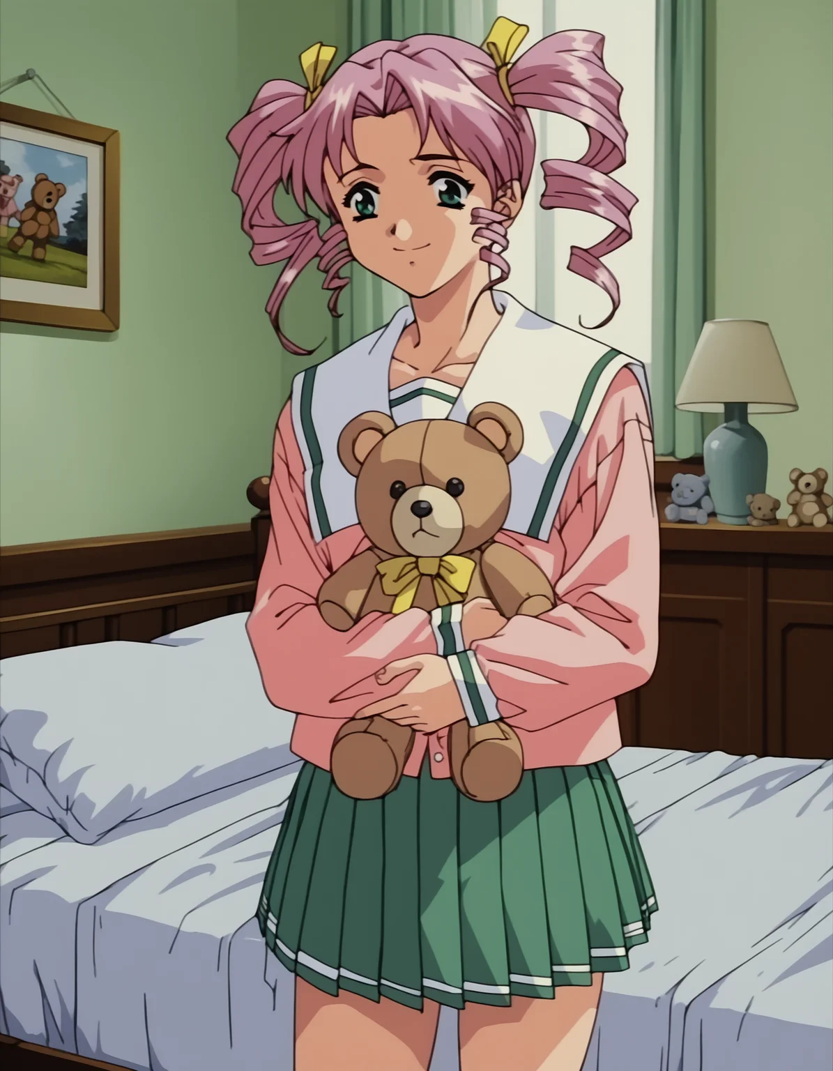 score_9, score_8_up, score_7_up, <lora:shuusaku-ova-ponyxl-000006:1> chiaki, serafuku, pleated skirt,
1girl, solo, holding stuffed toy, teddy bear, bed, standing, smile, cowboy shot, bed, indoors