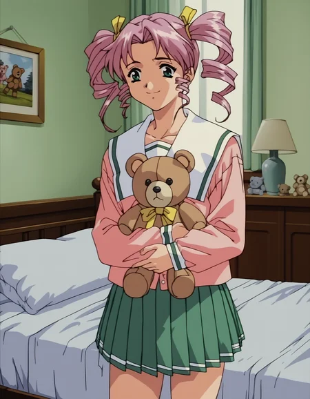 score_9, score_8_up, score_7_up, <lora:shuusaku-ova-ponyxl-000006:1> chiaki, serafuku, pleated skirt,
1girl, solo, holding stuffed toy, teddy bear, bed, standing, smile, cowboy shot, bed, indoors