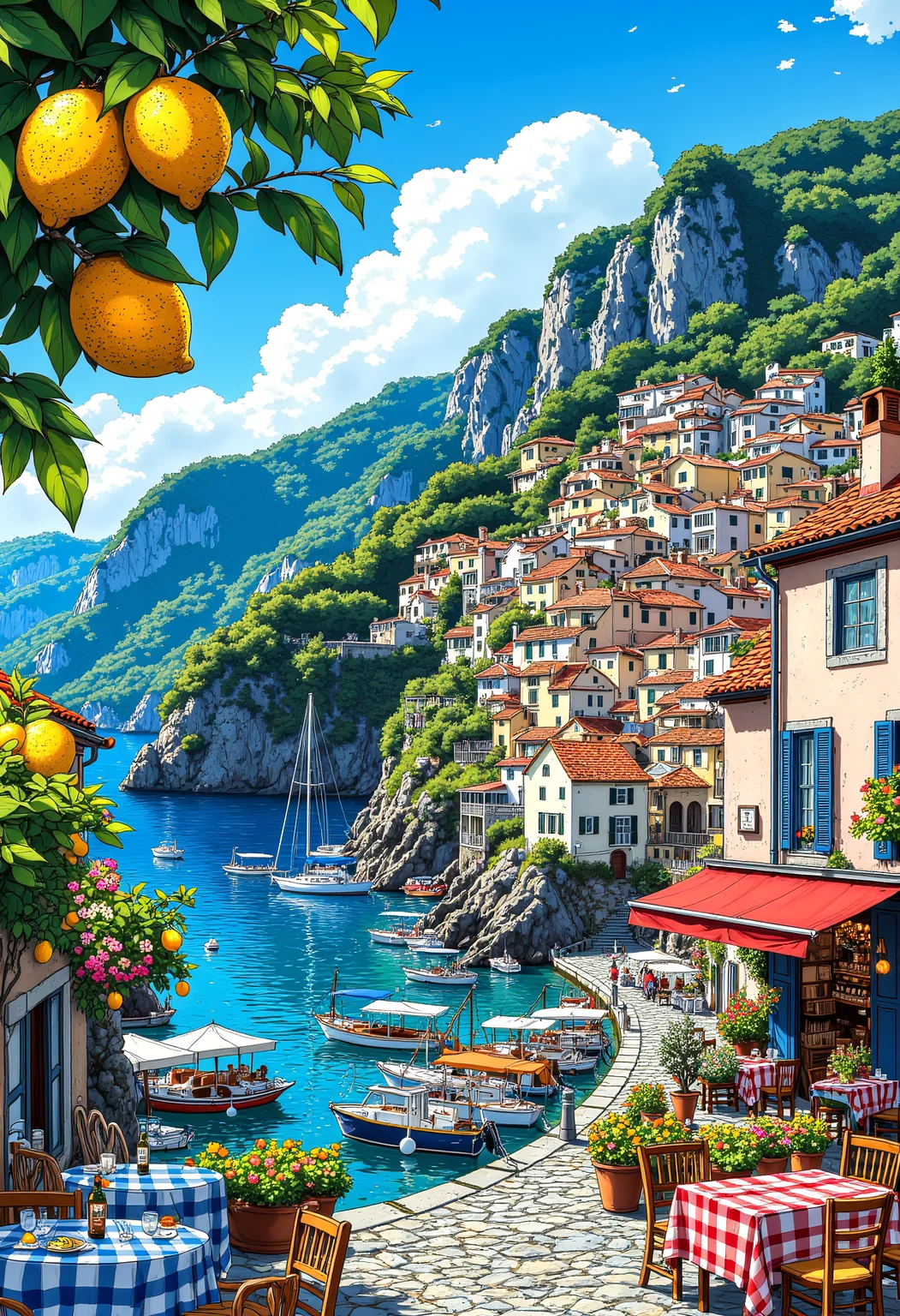 co3y parvdize, This is a vibrant, digitally created illustration depicting a charming Italian village along the Amalfi Coast, where pastel-colored homes cling to the cliffs above the sparkling blue sea. A cozy trattoria with checkered tablecloths offers fresh pasta and wine, while fishing boats bob gently in the harbor. A cool evening breeze carries the scent of lemon groves.