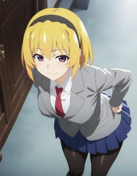 1girl,solo,
<lora:houjousatokoXL1:0.8>,houjousatoko,
short hair,blonde hair,purple eyes,hairband,black pantyhose,blazer,skirt, necktie,
smile,
large breasts,
masterpiece, best quality, ultra detailed, highres,4k,(ultra-detailed:1.4) (illustration:0.5), (ray tracing,:0.8),(anime colored:0.7),(ai-generated:0.5), (anime screencap:1.2),