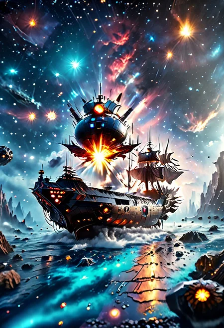 high quality, 8K Ultra HD, highly realistic, The great and sleek black ship is moving forward, blasting through space. It has powerful cannons facing forward that are unleashing powerful blue neutron beams upon an unseen foe. Embark on an enchanting 8K photorealistic journey as a magnificent starship blasts through a star system.  The ship gracefully flies among other ships. The starship's design boasts advanced technological elements. The camera captures every minute detail, by VelvetS, octane render,from slightly to the side.  perfectly symmetrical ship.  Weapons fire blue energy beams, 
<lora:DonM3t3rn1tyXL-v1.1:0.7>, DonM3t3rn1tyXL,
OverallDetailXL  <lora:MJ52:0.3>  <lora:SDXLFaeTastic2400:0.4>