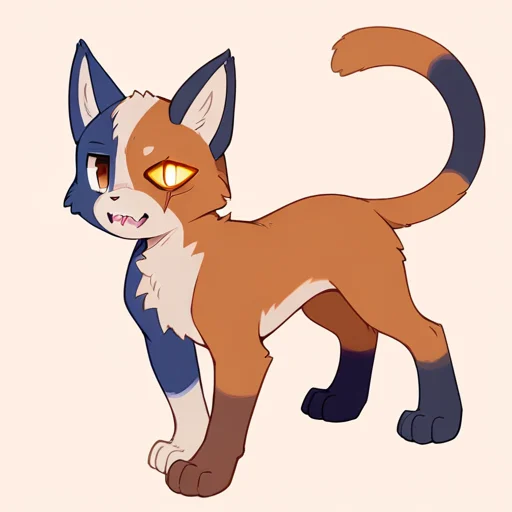 ancesra,
1boy, (calico cat, ((feral, feral male, male)), (quadruped), ((slightly chuuby)), (((blind eye, scar over blind eye))), moustache-like fur, tricolor, (brown fur), (dark blue fur), (light hazel fur), (color divided fur), (fur segmented), (face fur segmented:1.2), segmented ears fur), eyes light hazel, (chest light hazel), (light hazel paws), pawpads pink, irregular rings tail, brown eyes, fuzzy fur, ((animal fur not hair)), (((small, short stature))), ((fangs:1.3)), 4 feet toes),
simple background, patron background