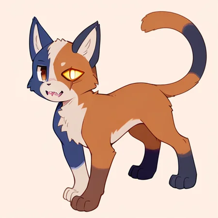 ancesra,
1boy, (calico cat, ((feral, feral male, male)), (quadruped), ((slightly chuuby)), (((blind eye, scar over blind eye))), moustache-like fur, tricolor, (brown fur), (dark blue fur), (light hazel fur), (color divided fur), (fur segmented), (face fur segmented:1.2), segmented ears fur), eyes light hazel, (chest light hazel), (light hazel paws), pawpads pink, irregular rings tail, brown eyes, fuzzy fur, ((animal fur not hair)), (((small, short stature))), ((fangs:1.3)), 4 feet toes),
simple background, patron background