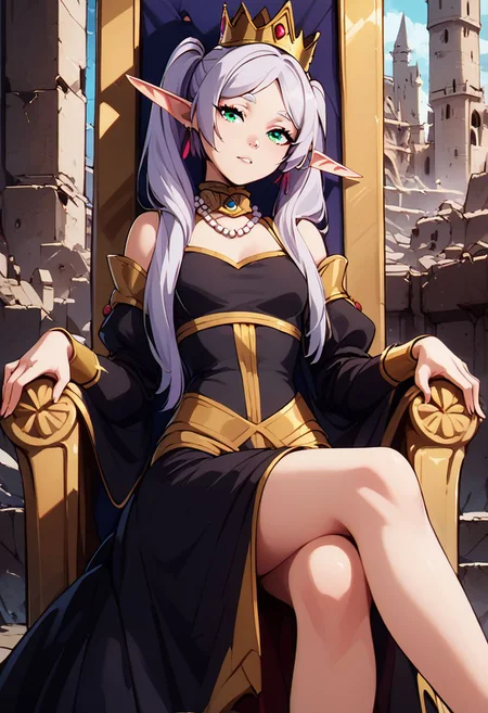 score_9, score_8_up, score_8, medium breasts, (curvy), cute, eyelashes,
rating safe,
BREAK, zzCitronCAT,
zzFrieren, long hair, twintails, green eyes, grey hair, pointy ears, elf, black dress,
BREAK,
head tilt, sitting on throne, huge throne, oversized throne, ruins,
abandoned castle, crown, pearl necklace,
BREAK,
zPDXL, Expressiveh