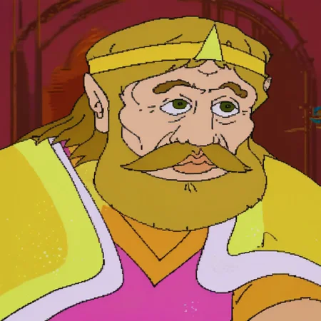 score_9, score_8_up, score_7_up, score_6_up, score_5_up, score_4_up, source_anime, 2D, flat shading, flat color, 1boy, solo, male focus, solo, facial hair, beard, mustache, indoors, upper body, blonde hair, king harkinian, open mouth, armor, chair, door, long sleeves, sitting, brown eyes, orange robe, yellow cape, looking to the side, crown, handsomize, ((upper body, close-up))