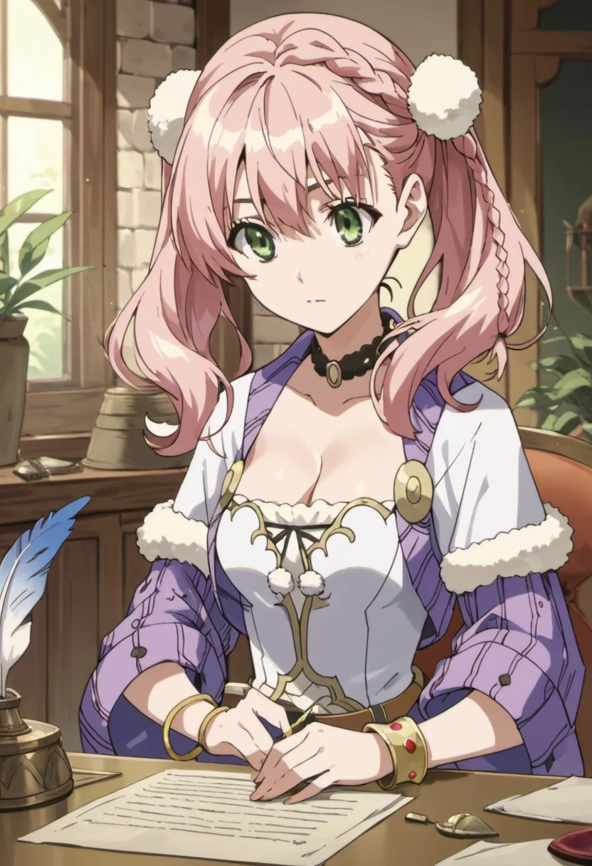 score_9, score_8_up, score_7_up, source_anime,escha malier, twintails, pink hair, green eyes, 1girl, solo, braid, bracelet, jewelry, cleavage, choker, quill, upper body