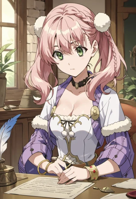 score_9, score_8_up, score_7_up, source_anime,escha malier, twintails, pink hair, green eyes, 1girl, solo, braid, bracelet, jewelry, cleavage, choker, quill, upper body