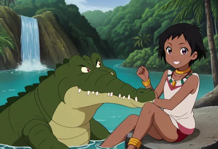 Tick tock crocodile,male animal focus,tail, crocodile , crocodile mouth open,smile ,green skin, blue eyes, Tick Tock the crocodile is giant and very huge size,teeth, crocodile swimming and submerged in the water,Tick Tock the crocodile looking Choi_mochimazzi,Choi_mochimazzi an anime girl, 1girl, looking at viewer, smile, short hair, Choi_mochimazzi sitting down on the crocodile belly,Choi_mochimazzi IS her very little size. Base - choim, short hair, black hair, red eyes, dark-skinned female,purple eyes, Base Outfit - dress, jewelry, dark skin, necklace, bracelet, wristband, neck ring, anklet, barefoot,river,palm trees, jungle, tropical _island,village, temple,Disney, waterfall,retro_anime, manga,tamako_market
