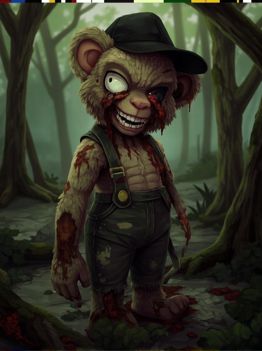 <lora:ck-LttleGhost-000011.safetensors:1> in the style of ck-lttlegh0stA 12-inch tall teddy bear doll stands amidst a foreboding forest setting, its once-adorable face now twisted into a grotesque grimace. Tattered and stained clothing replaces the original outfit, while a black cap remains on its head.