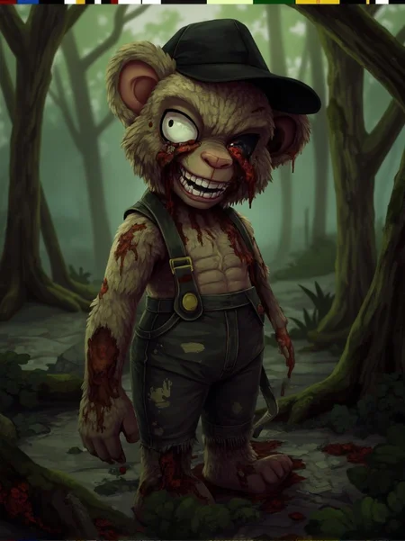 <lora:ck-LttleGhost-000011.safetensors:1> in the style of ck-lttlegh0stA 12-inch tall teddy bear doll stands amidst a foreboding forest setting, its once-adorable face now twisted into a grotesque grimace. Tattered and stained clothing replaces the original outfit, while a black cap remains on its head.
