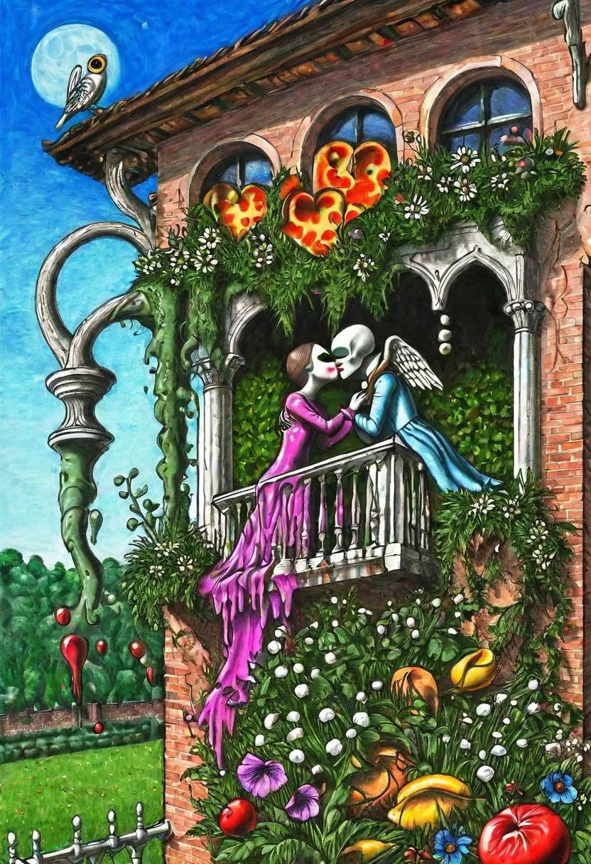 Surreal psychedelic bizarre, Romeo and Juliet kissing on garden balcony, by JimmyAlonzo