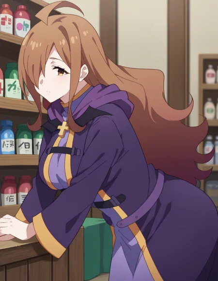 score_9, score_8_up, score_7_up, source_anime,
konosubawiz, <lora:konosuba-wiz-s1s2-ponyxl-lora-nochekaiser:1>,
wiz, ahoge, brown eyes, light brown hair, hair over one eye, long hair, mature female,
cross, dress, hood, hood down, jewelry, latin cross, long dress, long sleeves, purple dress, robe, purple robe,
indoors, shop, bent over,
looking at viewer, dutch angle, cowboy shot,