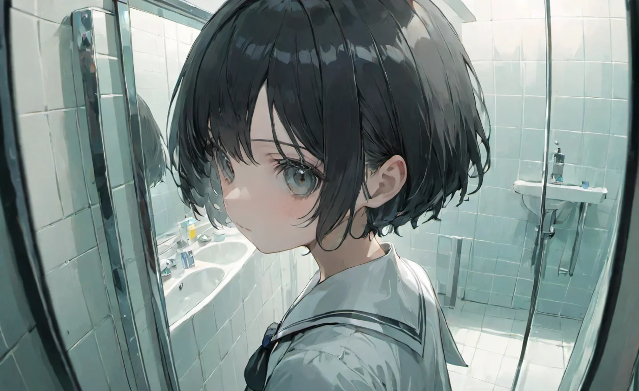 depth of field, fisheye lens, masterpiece, best quality, 1girl, solo, bathroom, looking at mirror, reflection, short hair, black hair, grey eyes, white school uniform, looking at viewer, upper body, short sleeves, neckerchief, hairclip